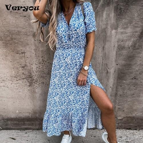2021 Summer Women Dress Deep V Neck Printed Holiday Beach Party Dresses For Women Short Sleeve A Line Boho Dress 2021