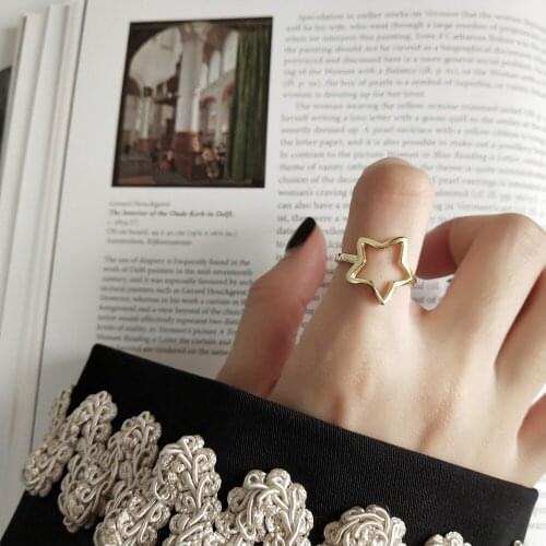 Ladys Authentic S925 Sterling Silver Fine Jewelry Golden OPEN Star Ring adjust J357