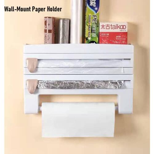 4 In1 Wall-Mount Paper Towel Holder Sauce Bottle Storage Cling Film Cutter Tin Foil Rack Kitchen Organization Closet Organizer
