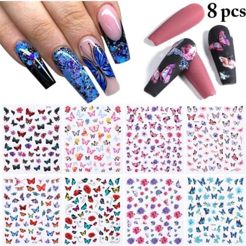 8 Sheets Kapmore Women Girls Colorful Butterfly Nail Stickers Adhesive 3D Nail Decals Manicure Stickers Manicure Tools