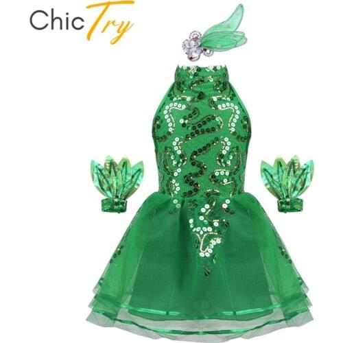 ChicTry Kids Girls Sleeveless Green Shiny Sequins Stage Performance Jazz Dance Costume Children Girls Ballet Tutu Mesh Dress Set
