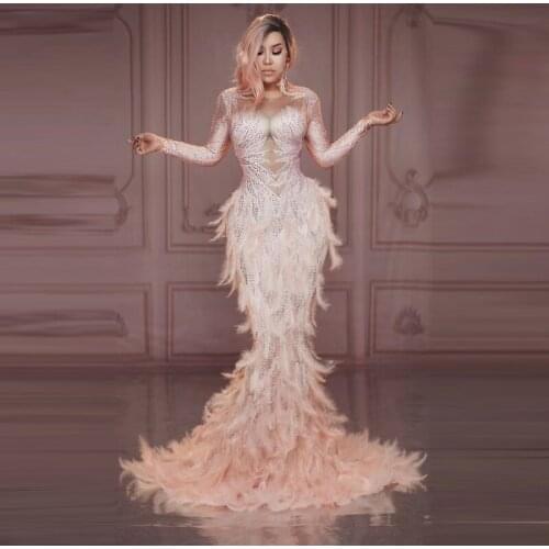 Sparkly Rhinestone Feather Tail Dress Elegant Women Long Dress Birthday Celebrate Prom Party Night Dresses Stage Costume