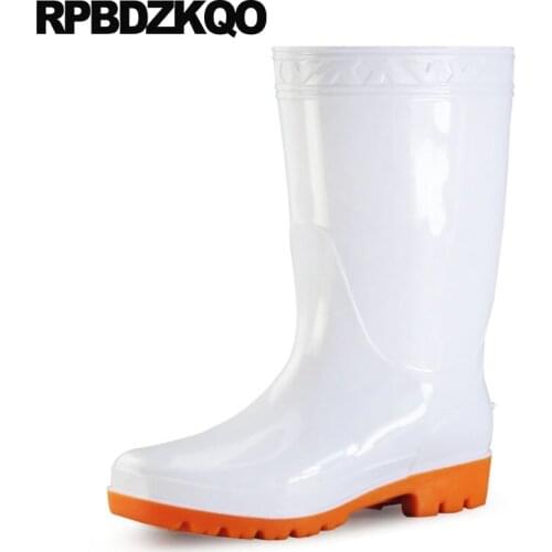 White Durable Mens Rubber Rain Boots Plus Size Shoes Cheap Waterproof Casual Mid Calf Rainboots Chunky Platform Tall Designer