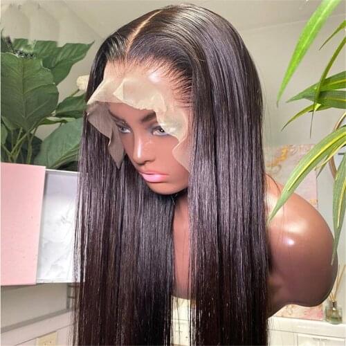 Black Color Synthetic Hair Lace Front Wigs with Baby Hair Straight Glueless Lace Wigs with Pre Plucked For Women