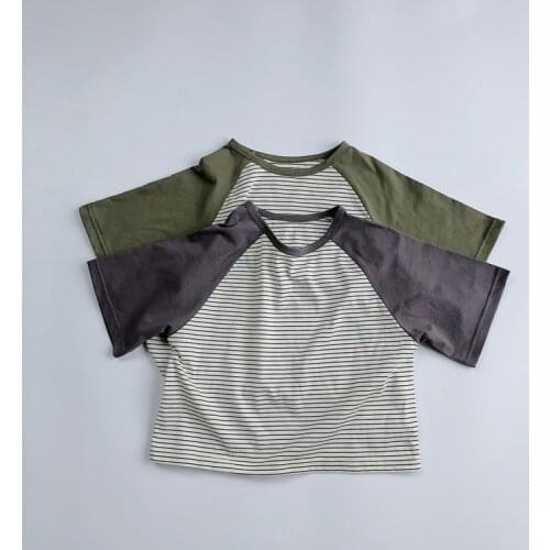 Kids T-shirts New Childrens Short-sleeved Tee 2021 Summer Cotton Boys Girls Raglan Sleeve Striped T-shirt Tops Toddler Clothes
