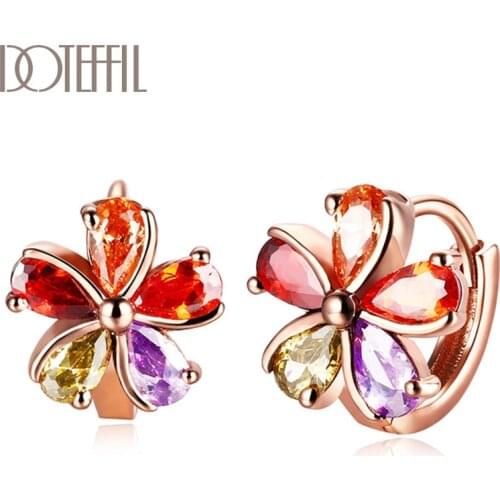 DOTEFFIL 925 Sterling Silver 18K Gold Multicolor Flower AAA Zircon Charm Earrings Women Fashion Jewelry Wedding Party Gift