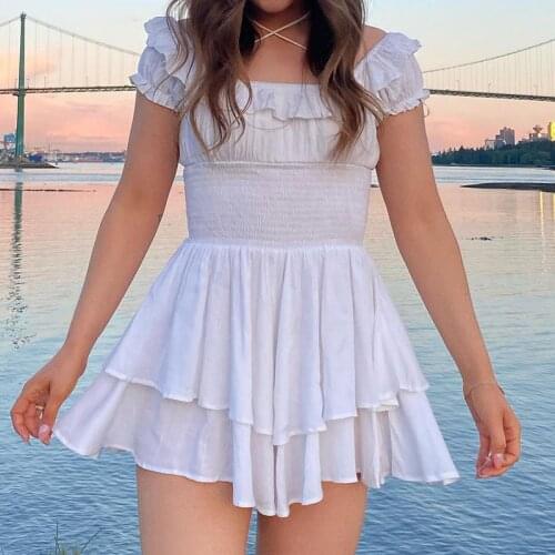 Elegant Loose High Waist Solid Color White Ruffled Puff Sleeve A-line Mini Dress Office Ladies Party Street Beach Dress Women