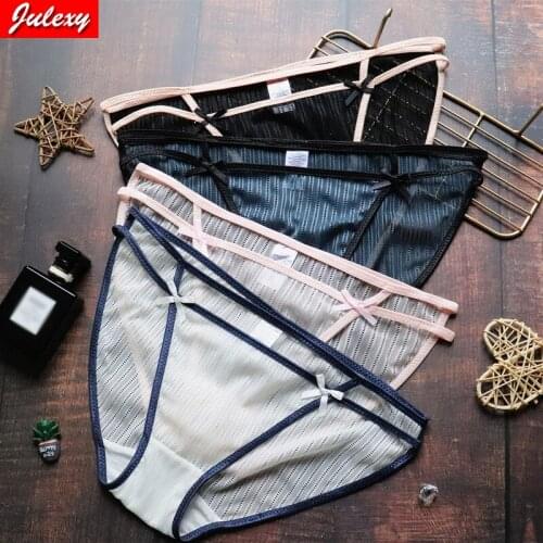 Julexy Sexy Lace Underwear Women Panties Hollow Out Breathable Seamless Ice Silk Female Briefs Lingerie Bow Low Waist Underpants