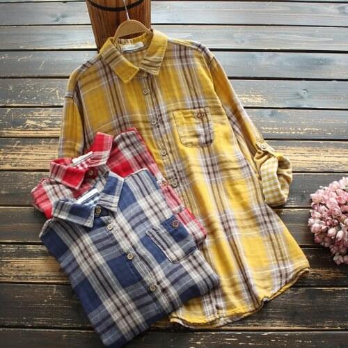 Lamtrip Plaid Casual Natrue Cotton Yarn Long Sleeve Shirt Blouse