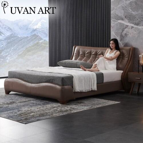 Leather bed leather bed head layer cowhide bed modern minimalist leather bed double 1.8m brown solid wood Nordic leather bed