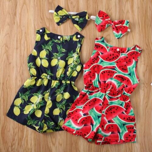 Summer Newborn Infant Baby Boys Girls Kids Cotton Fruit Print Sleeveless Rompers Jumpsuit Headband Baby Clothing Outfit 1-6Y