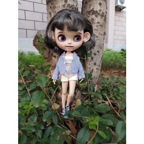 Blythes doll size 1/6 fashion blue striped shirt + white striped chest wrap + white shorts new versatile three-piece set