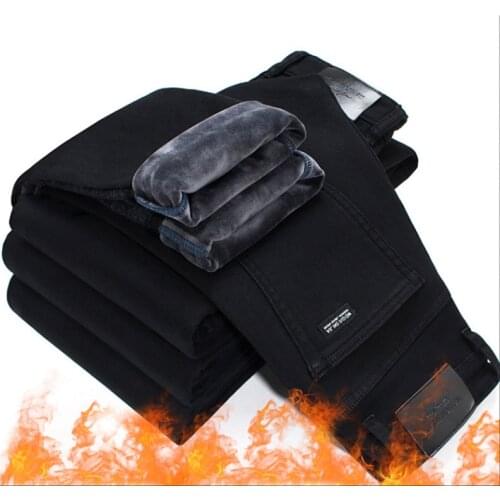 2020 Men Fashion Winter Jeans Men Black Slim Fit Stretch Thick Velvet Pants Warm Jeans Casual Fleece Trousers Male Plus Size