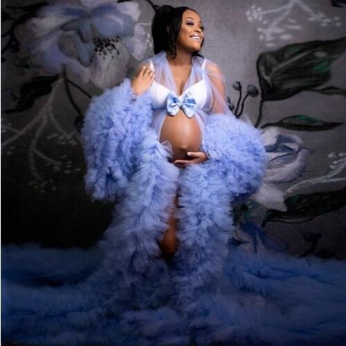 Real Photo Tiered Ruffled Maternity Dress for Photoshoot robe de soiree Tulle Bathrobe Sexy Sheer Full Sleeve Prom Dress