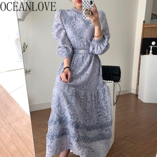 OCEANLOVE Solid Lace Robe Femme Puff Sleeve Stand Collar Korean Chic Women Dresses Office Lady Vintage Evening Party Vestidos
