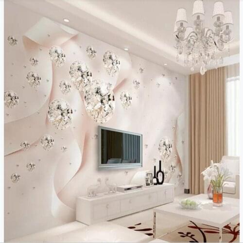 Custom wallpaper pink ribbon transparent crystal ball 3d jewellery TV background wall decoration - high quality silk fabric