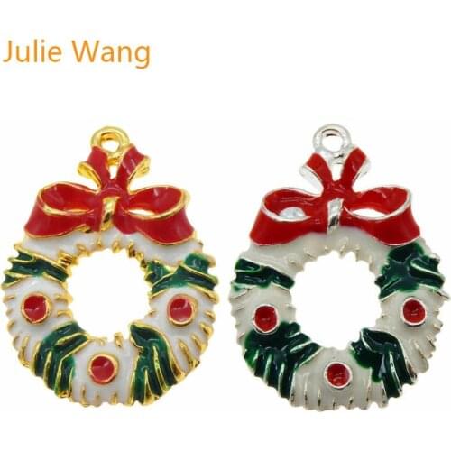 Julie Wang 1 Pack Alloy Enamel Christmas Wreath Charms Pendant Handmade Crafts Christmas Deco Jewelry Accessory