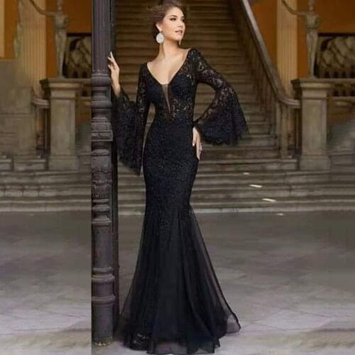 Sexy V Neck Long Flare Sleeve Black Lace Dress Wedding Party Dresses Women Evening Elegant Night Club Prom Long Maxi ​Dresses