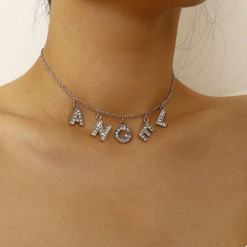 Rhinestone Letter Angel Charms Choker Necklace Women Temperament Neck Chocker Colar Jewelry Zircon Pendant Necklace XR2973