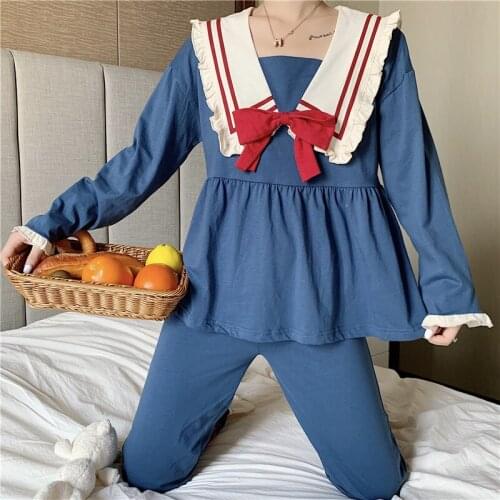 Japanese Autumn Sweet Sailor Collar Bow Tracksuit Cute Splice Pajamas Home Kawaii Ruffles Princess Shirts Cartoon Two Piece Suit
