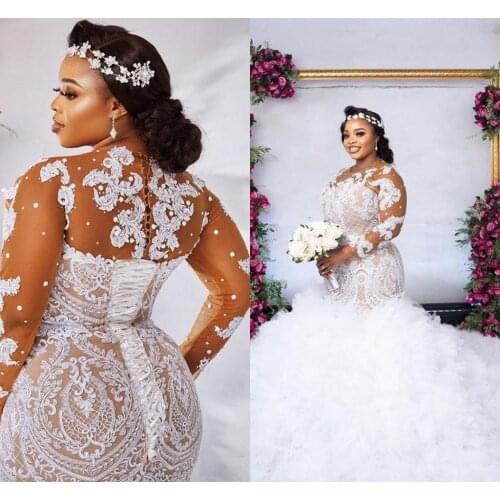 South African Plus Size Wedding Dresses Lace Applique Court Train Mermaid lace-up Bridal Gowns Long Sleeve Robe De Mariee