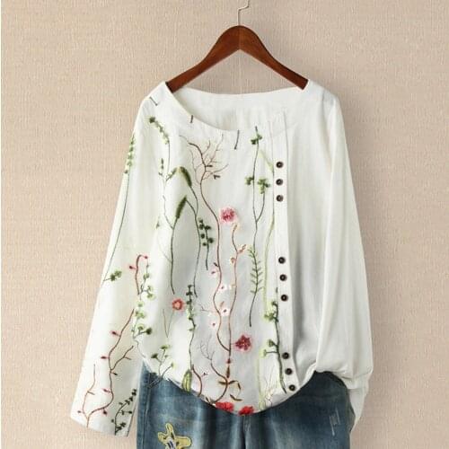 Women Blouse Cotton And Linen Casual Solid Embroidery Printed Long Sleeve Shirt Mesh Splice Loose Blouse Top Camisas De Mujer