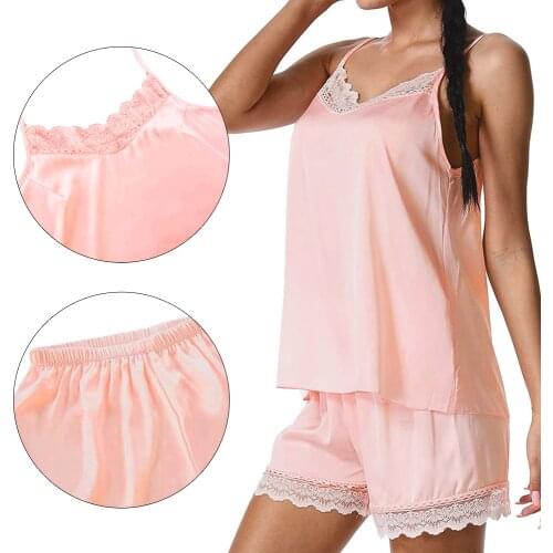 Ladies Sexy Lace Trim Satin Sleepwear Two Pieces Solid Color Nightwear Cami Top And Shorts Spaghetti Strap Silk Pajama Sets