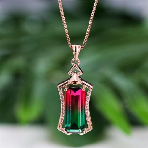 Creative Watermelon Color Rainbow Stone Pendant Necklaces For Women Vintage Fashion Rose Gold Jewelry Gradient Zircon Necklace