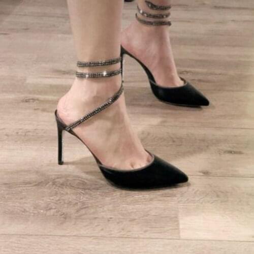 Baotou Sandals Women 2020 New Summer Velvet Water Diamond Snake Winding Slim Heel Pointed High Heel Sandals Fairy Style