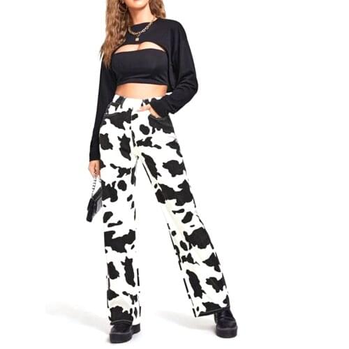 Women Milk Cow Pattern Print Jeans Fashion Denim Pants High Waist Slim Fit Straight Pants Harajuku Casual Trousers Streetwear