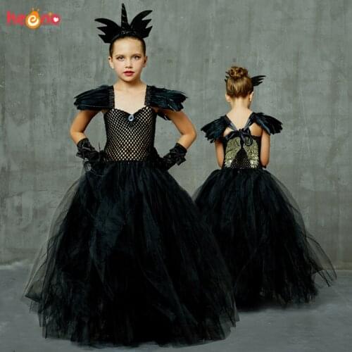 Angel of Darkness Black Fancy Girls Tutu Dress Elegant Princess Girl Birthday Party Halloween Costume Wings Kids Ball Gown Dress