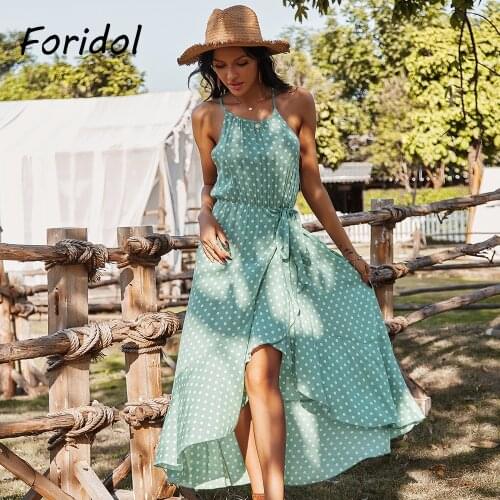 Foridol Sleeveless Polka Dot Long Dress Women Spaghetti Strap Backless Slit Ruffle Maxi Summer Dress Beach Boho Cotton Dress