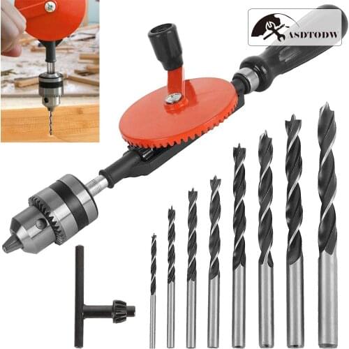 1/4 3/8 Inch Manual Hand Crank Drill with 8Pcs Drill Bit Set Safe Double Pinions DesignHand Drill for Wood Plastic and Metal