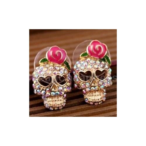 1 Pair Women Fashion Accessories Personality Cute Pink Rose Rhinestone Skeleton Skull Ear Studs Earrings