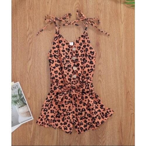 4 Colors Baby Girls Leopard Rompers Overalls Sleeveless Shoulder Girdle Button Bowknot Belt Jumpsuits Outfits Summer