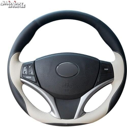 BANNIS Black Beige Leather Hand-stitched Car Steering Wheel Cover for Toyota Yaris Vios 2014-2016