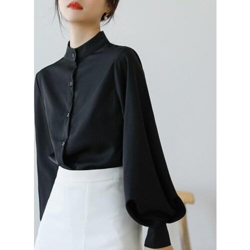 Big Lantern Sleeve Blouse Women Autumn Winter Single Breasted Stand Collar Shirts Office Work Blouse Solid Vintage Blouse Shirts