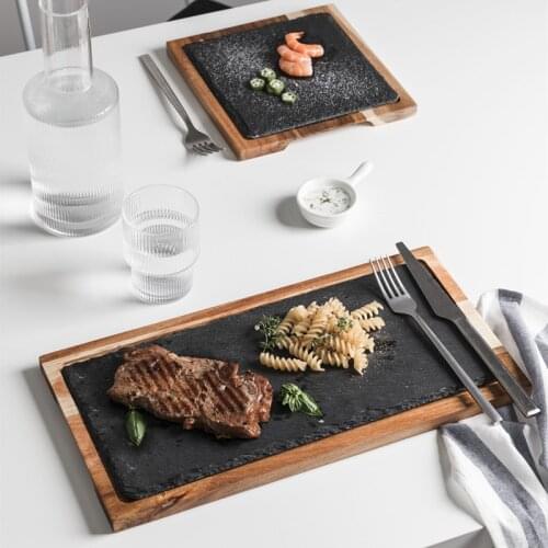 Wooden Plate With Slate Stone Tray Cuisine Sushi BBQ Pad Steak Dessert Cake Kitchen Dish Restaurant Supplies Retro
