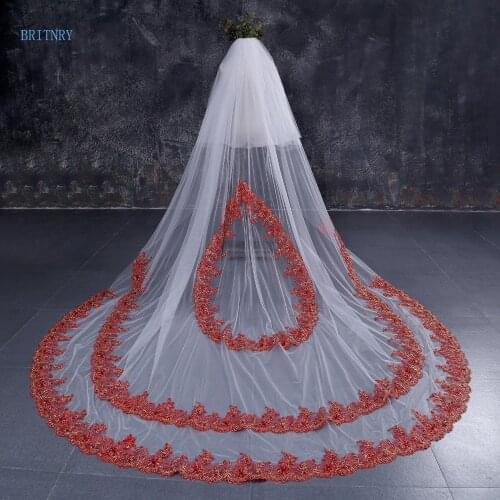 BRITNRY Ivory 3M Cathedral Wedding Veil with Comb Red Lace Edge Bridal Veil High Quality Blusher Veil Wedding Accessories
