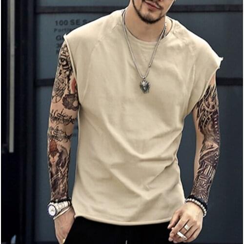 Sleeveless Men T-Shirts Fashion Cotton Blend Top Tees Men Tshirts Slim Fit Curved Hem T Shirt Male Hippie Summer Menswear