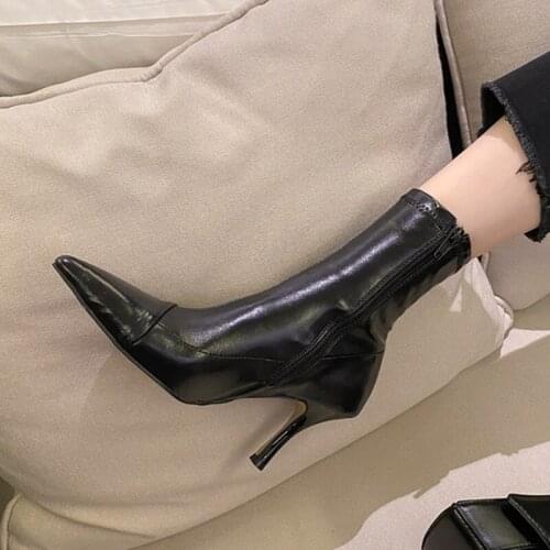 Classic side zipper womens ankle boots pointed toe elastic thin high heels shoes women female socks riding boots autumn boots