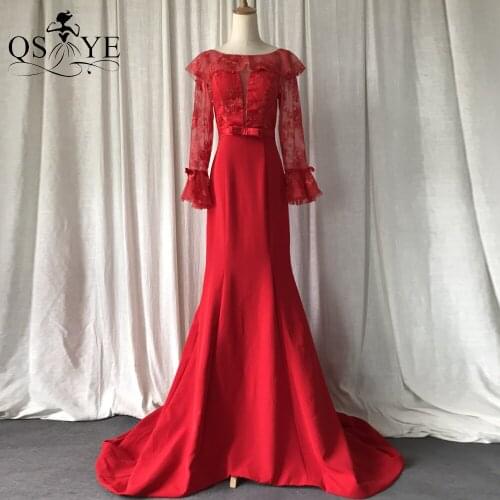 Flower Lace Red Prom Dress Long Sleeves Mermaid Evening Gown Ruffle Neck Girl Party Gown Bow Knot Sash Formal Dress Long Tail