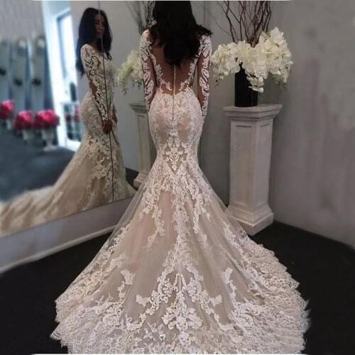2020 New Illusion Long Sleeves Lace Mermaid Wedding Dresses Tulle Applique Court Wedding Bridal Gowns With Buttons