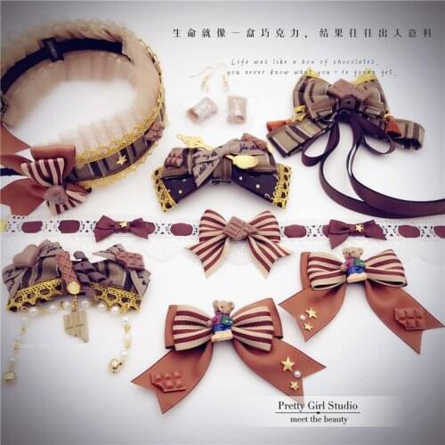 Tiramisu Band Bears Retro Lolita Hair Ornaments Hairpin Japanese Cosplay Bowknot Lace Ribbon Chocolate Theme Hair hoop Hair Clip