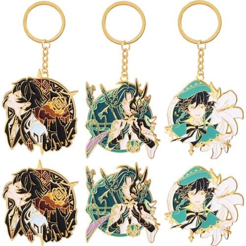 Anime Genshin Impact Venti Zhongli Xiao Metal Keychain Cartoon Pendant Keyring Toys Metal Badge Brooch Pins Decor Cosplay