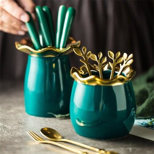 European Stainless Steel Fruit Fork Set Green Glaze Storage Tank Home Afternoon Tea Spoon Desktop Dessert Spoon Cutlery Set
