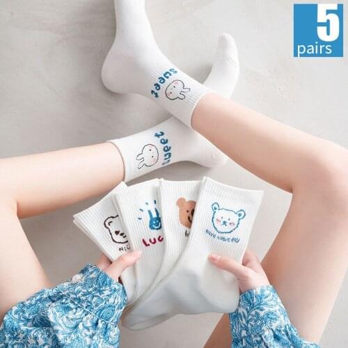 5 Pairs Womens Socks Cotton Kawaii Japan Style Socks Harajuku Bear Rabbit Pattern Cartoon Summer Socks Cute Socks Short Female