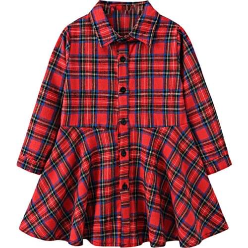 2021 New Arrivals Autumn Winter Girls Plaid Shirt Dress Girls Casual Dress Long Sleeve Lapel Solid Cute Dress Vestidos Red 3-10Y