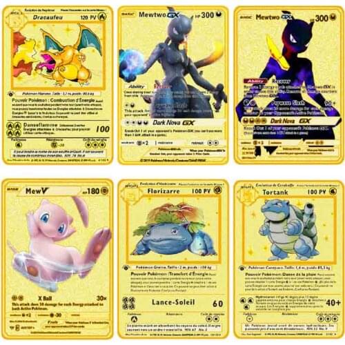 Pokemon Cards Gold Metal Game Anime Kaarten Mewtwo Charizard Pikachu Battle Pokemon Gold Cards Action Collection Child Toys