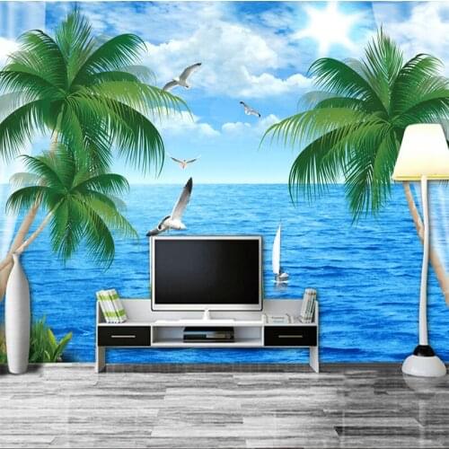Dropship Custom 3D Mural Fresh Sea View Beautiful Seascape Mediterranean Style Mural Sofa Waterproof Walpaper Bedroom Decoration